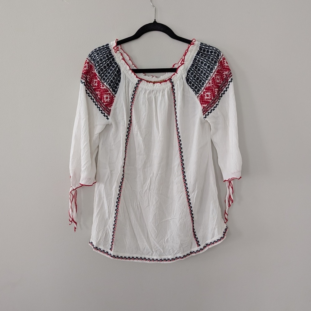 Wrangler Embroidered Tunic Top SM Western Boho Tie Sleeves Off/On Shoulder Women